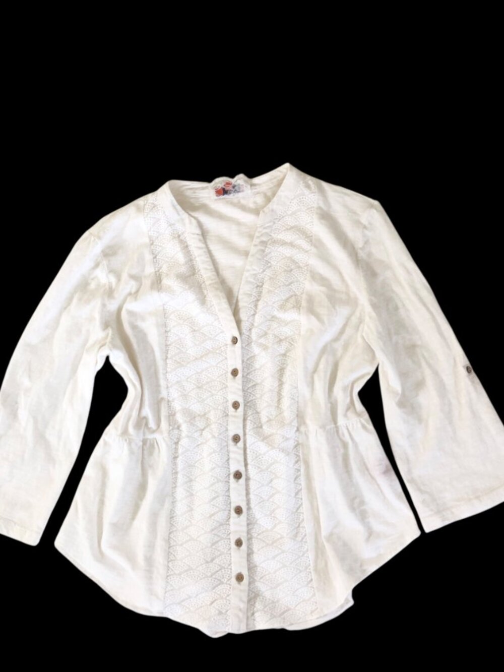 White Cotton Boho Tunic Blouse Top Large Full Button V-Neck